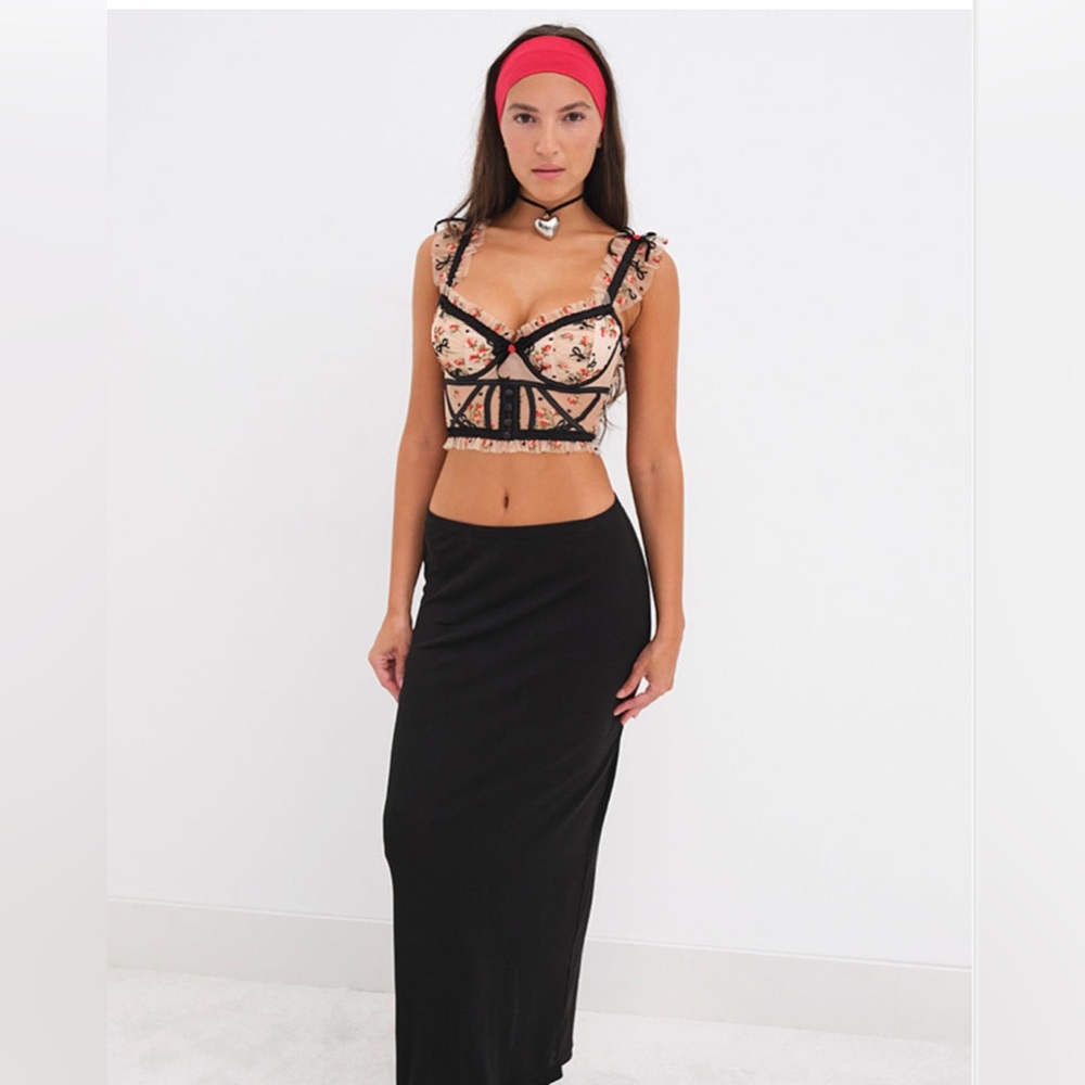 For Love And Lemons Floral Bustier with Black Maxi Skirt